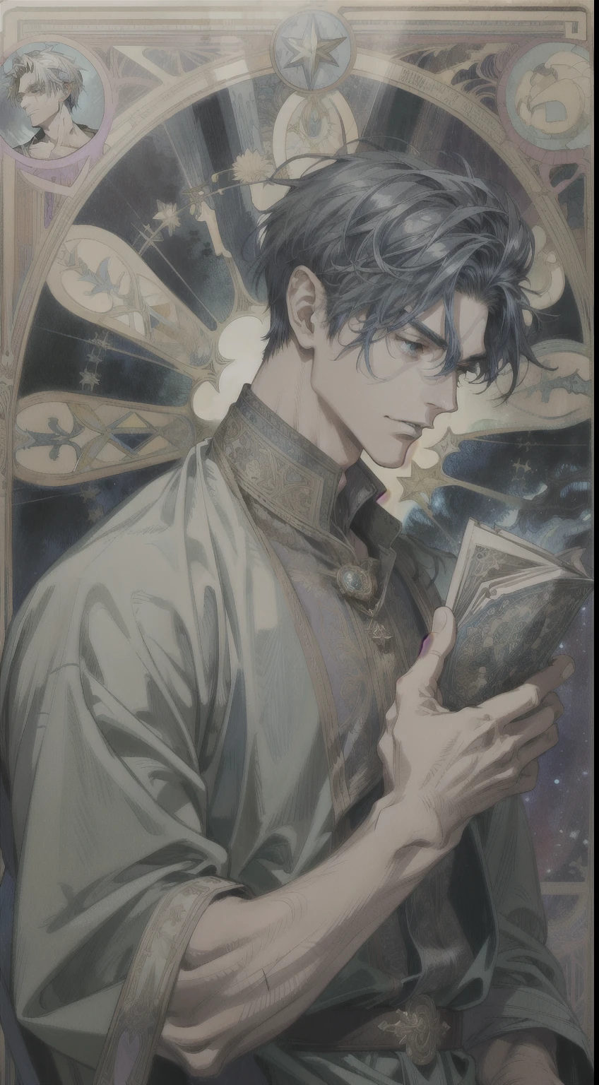 (absurd, high resolution, super detailed), 1 male, dark blue hair, bronzed skin, deep facial features, rugged face, Victorian style, navigator costume, (elven mixed male: 1.2), adult, (muscle: 1.2), (strong male: 1.2), broad shoulders, fine eyes and detailed face, hanged man\tarot card\, hanged man, ocean, storm, lightning, compass, symbolism, visual arts, occult, universal, visual projection, philosophy, iconography, numerology, pop, Art, Alphonse Mucha