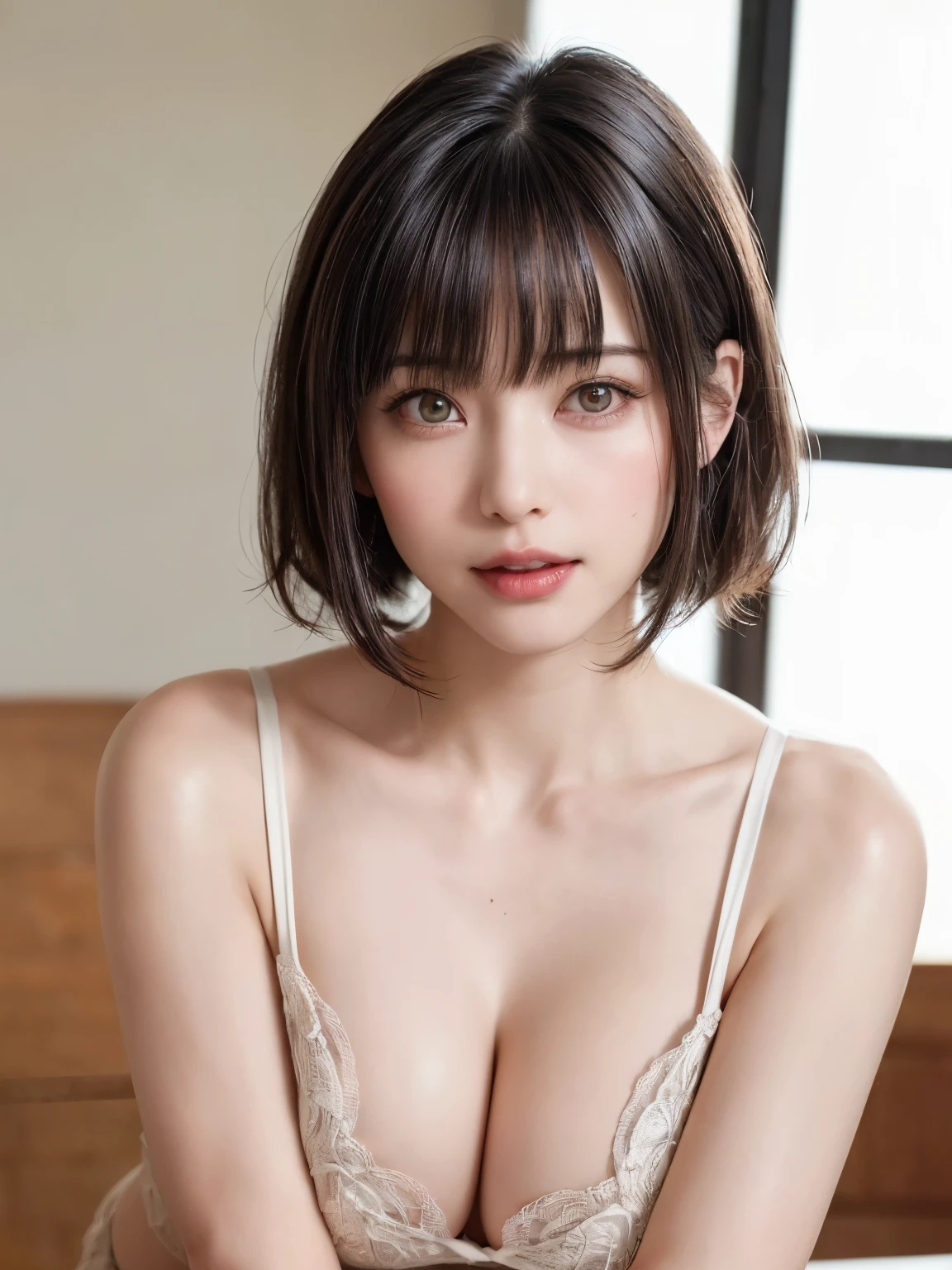 (table top, highest quality、ultra high resolution、face focus focus、Focus on the side、navel focus、decolletage focus、very attractive beauty、Add intense highlights to your eyes、look closely at the camera:1.4、Absolutely beautiful bangs:1.4、Brunette short bob hair with bangs:1.4),1 girl, Report, black haired, realistic, looking at the viewer, pale black eyes, short hair, lips, lip gloss, Upper body、Big eyes、eyelash)、((italian natural background、hyper real stick:1.4))、((short hair with bangs:1.4、Beautiful bangs with 46 points:1.4、{Huge|big|Hugeな|mega} chest:2, cleavage:2、Big eyes、Give students very powerful highlights、very bigger chest、look at the audience、very beautiful beauty、show me your ears、beautiful long neck、beautiful decollete、smile、A smilee beautiful teeth、Open your mouth and smilee))、28 years old、very cute super model、perfect anatomy