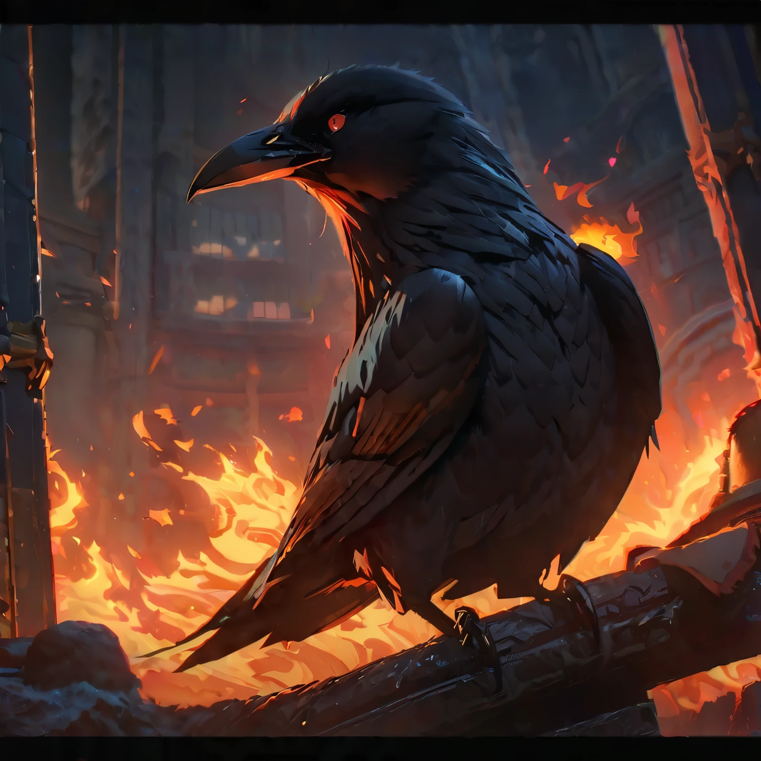 (highest quality,8K,High resolution, masterpiece:1.2), Super detailed, HDR, UHD, studio lighting, Ultra-fine painting, sharp focus, Physically based rendering, extreme details, Professional, Bright colors, concept artist, Warm color palette, dramatic lighting, Wall of Flame、(Crow-shaped flame),Burning Japanese mansion in the background、(anime style),