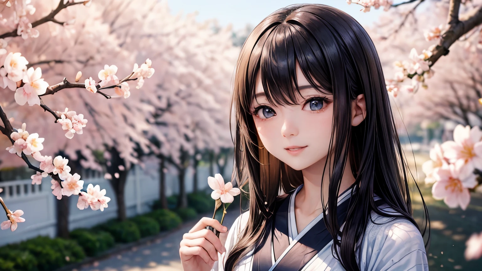beautiful japanese female、Luxury kimono、elegent、beautiful countenance、natural make up、well-groomed hair、(top-quality、8K、32K、masterpiece、nffsw:1.3)、(Photorealsitic:1.4)、realisitic:1.2,Raw photography、Sunlight backlight adds depth to the screen、depth of fields、A smile、Cherry blossom background,blurry backround, upper body, no hands