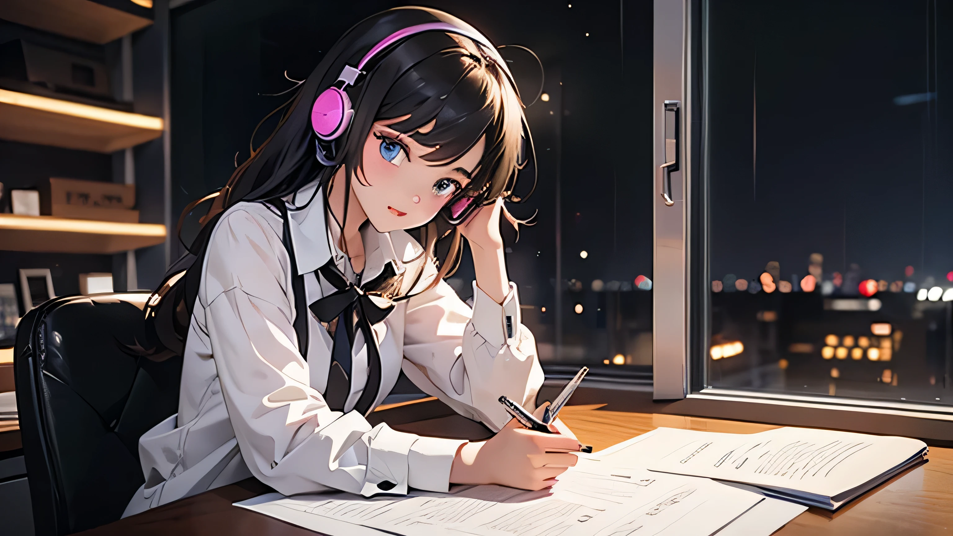A beautiful girl wearing headphones immersed in her tasks at her desk night view rain coffee Tabletop light pen Note