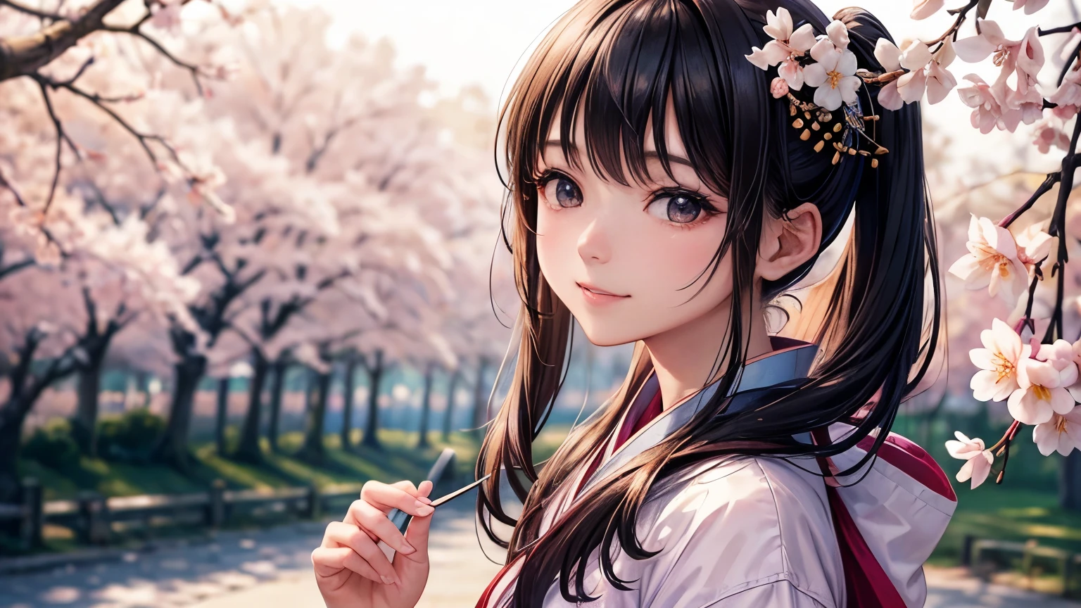 beautiful japanese female、Luxury kimono、elegent、beautiful countenance、natural make up、well-groomed hair、(top-quality、8K、32K、masterpiece、nffsw:1.3)、(Photorealsitic:1.4)、realisitic:1.2,Raw photography、Sunlight backlight adds depth to the screen、depth of fields、A smile、Cherry blossom background,blurry backround, upper body, no hands