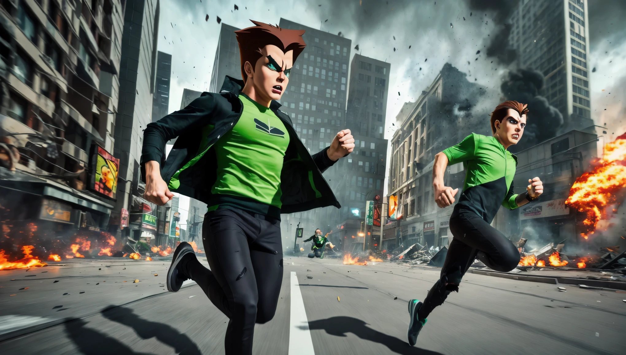 Create adult Ben10 running in angry and add background destroyed buildings and City