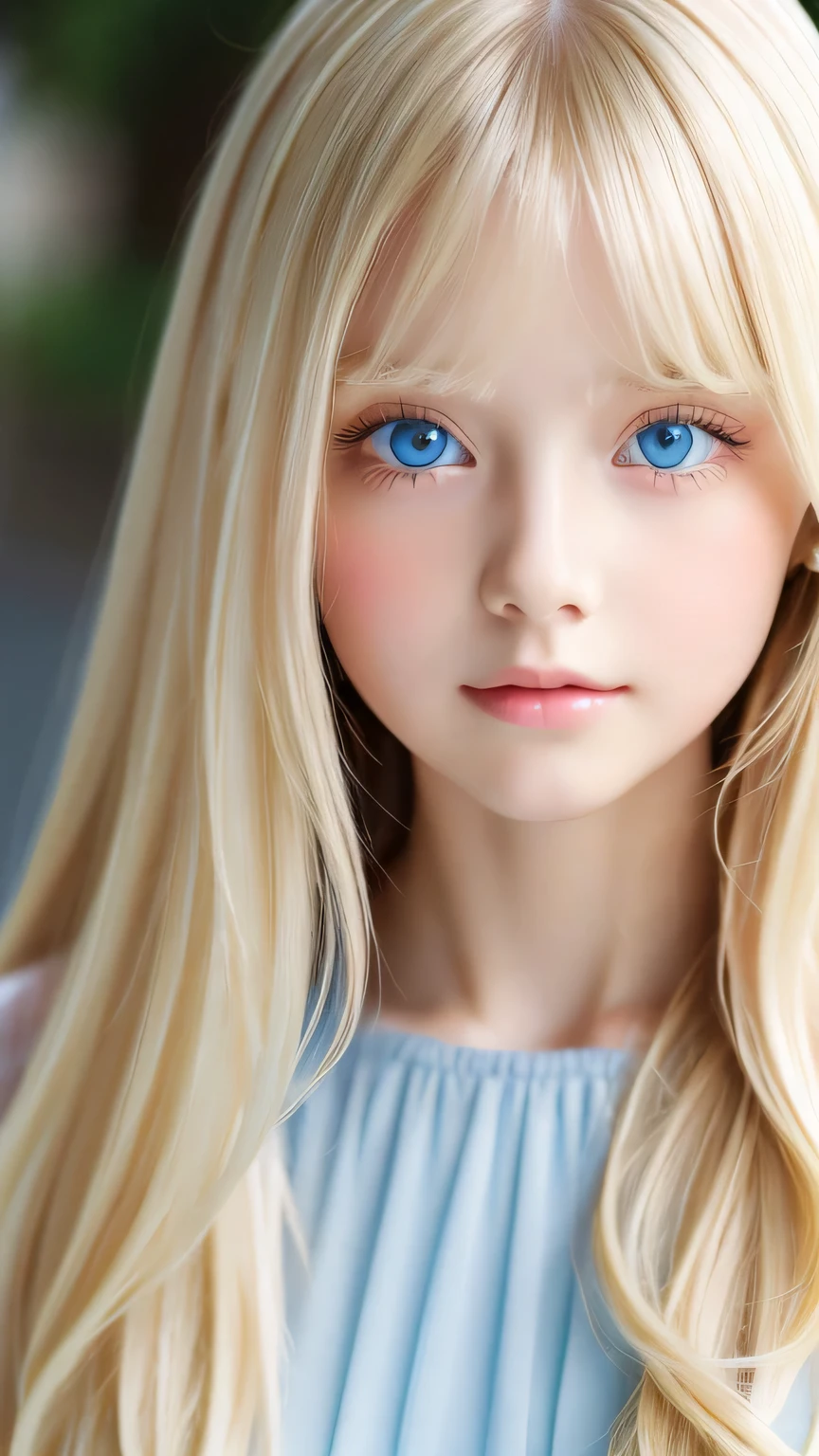 Super long, silky blonde hair、messy bangs between eyes、Very cute, beautiful and stunning girl、So perfect beautiful cute face、Very large, clear, beautiful, bright, pale sky blue eyes、very big eyes、white glossy skin、gross face、cheek gloss highlight、small face beautiful girl、gentle expression