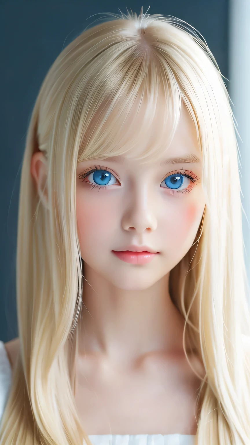 Super long, silky blonde hair、messy bangs between eyes、Very cute, beautiful and stunning girl、So perfect beautiful cute face、Very large, clear, beautiful, bright, pale sky blue eyes、very big eyes、white glossy skin、gross face、cheek gloss highlight、small face beautiful girl、gentle expression