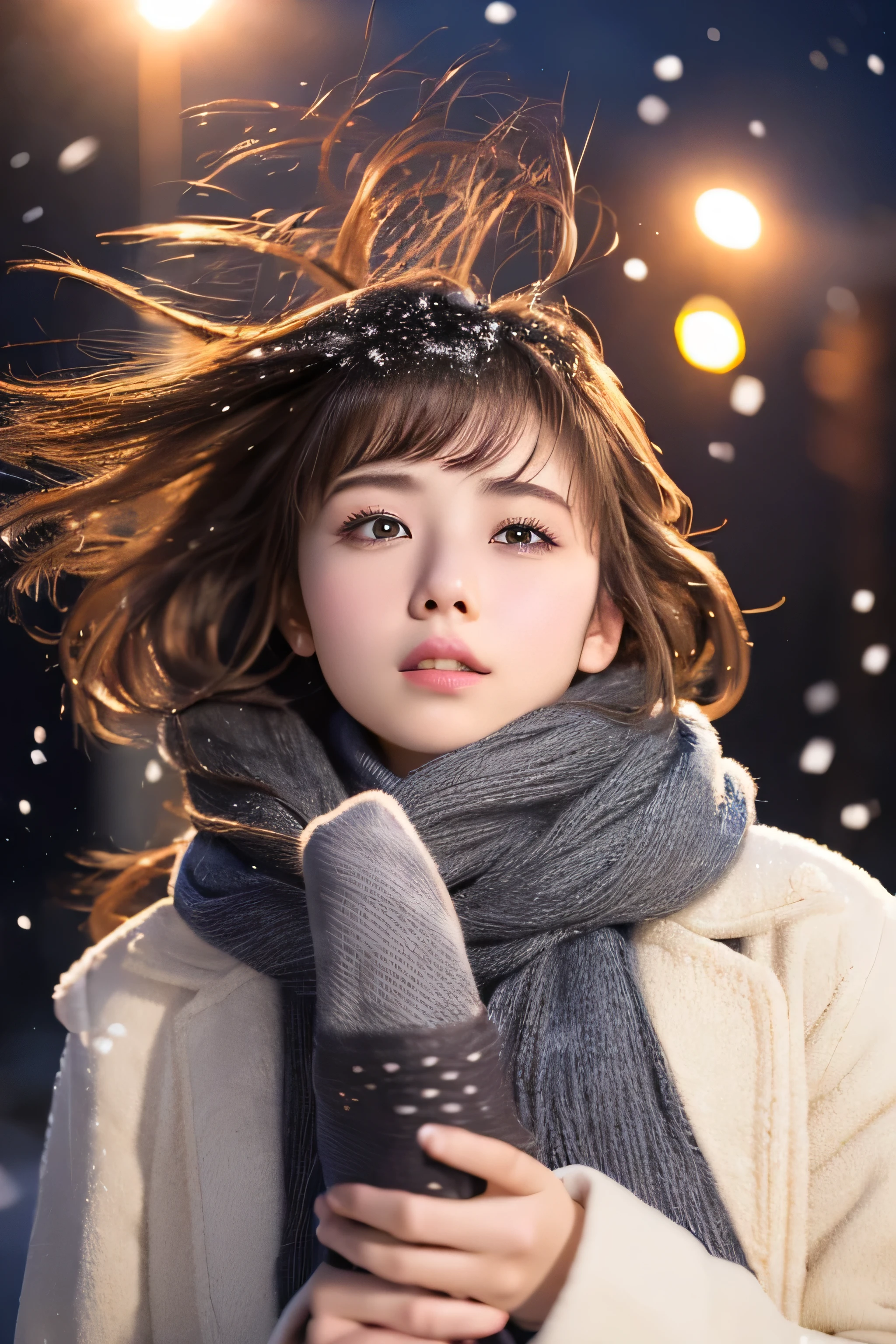 ((hair blowing in the wind、No makeup:1.2))、(realistic、Photoreal、super detailed、best detailed skins、highest quality、masterpiece、超A high resolution)、cute russian woman、14 years、high school girl、young girl、1 girl、have bangs、ash blonde:1.7、double eyelid、drooling eyes、Japanese style face、purity、realistic skin type、thick muffler、Gray muffler、fluffy hair、((There's hair in the scarf:1.3))、red cheeks、The wind is blowing、It's snowing、night、illumination、lighting from behind、hair blowing in the wind