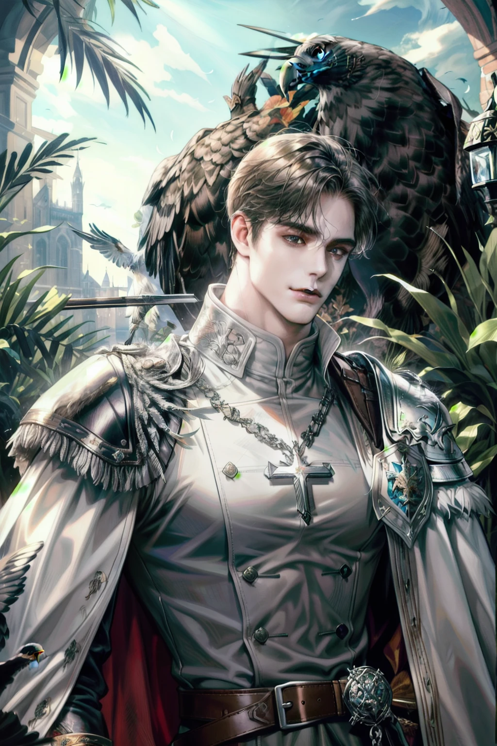 (absurdres, highres, ultra detailed), 1 male, adult, handsome, tall muscular guy, broad shoulders, finely detailed eyes, looking down, solo, upper body, detailed background, detailed face, falconer, bird resting on shoulder, eagle resting on shoulder, falconer gloves, light smile, medieval fantasy setting, high fantasy, gray leather clothes, capelet, straps, belt, serene forest, bushes, river, flowers, birds, feathers, crossbow, mist,, (dutch angle), closed mouth, upper body