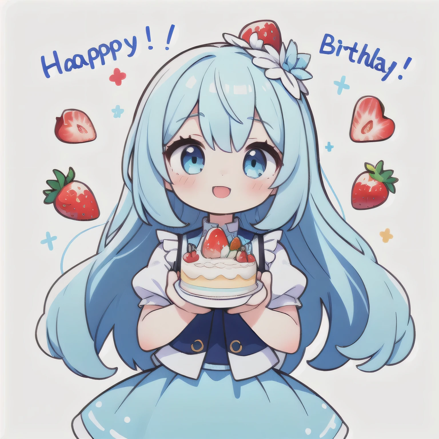 1 girl, Big eyes, long eyelashes,Light blue skirt,light blue long hair,light blue eyes, Add Outline, Complete the strawberry cake, No background, happy birthday