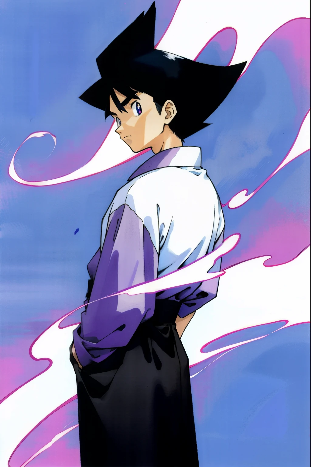 by Ken Sugimori, sugimori 1990s, ((only 1man)), purple kimono, ghostly wisps, ((hands behind their back)), full black pupils, manga, best quality, highly detailed, clean lines, cowboy shot, good hands, good eyes, hd, 8k, professional, symmetrical, hires, 8k,