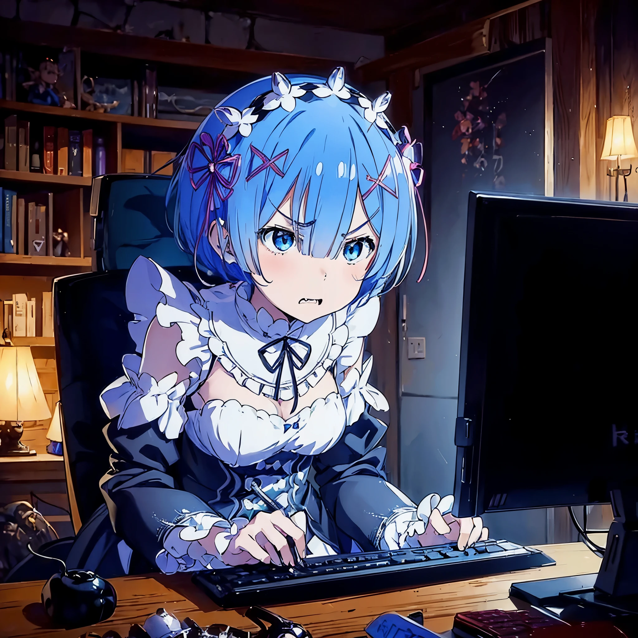 (((angry))),anime character sitting at a desk with a computer in front of her, rem rezero, anime moe artstyle, 2 d anime style, high quality anime artstyle,today's featured anime still, tired and haunted expression