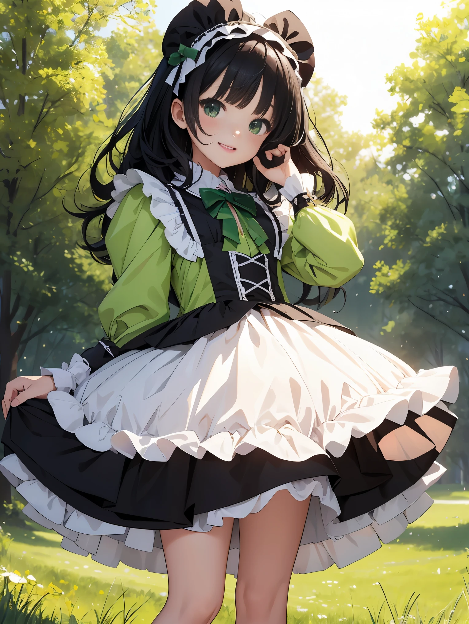 top-quality、​8K Masterpiece、Draw the face in detail、1  girl、colorful Lolita costume、Full body、kawaii pose、professional lighting、Happy expression、Shiny black hair、perfect anatomy、In a green meadow