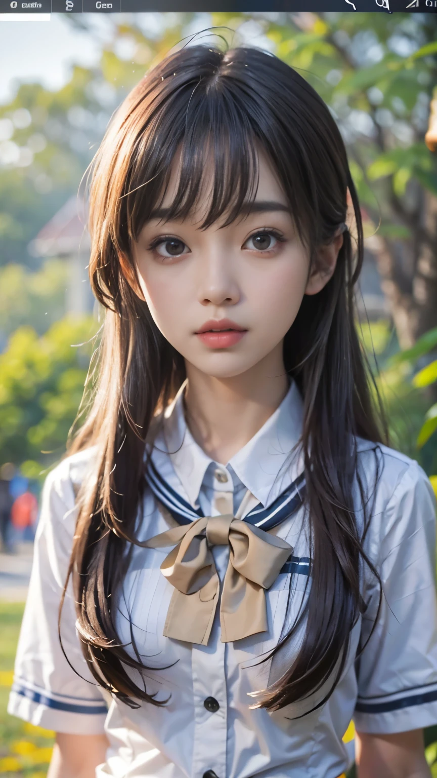 Lakeside park with sunlight shining through the trees, (school uniform, shirt, skirt), japanese girl, , skinny body, flat chest, extremely cute face, extremely ultra detailed face, extremely ultra real skin, extremely ultra detailed eyes, extremely ultra surrealism, (masterpiece, best quality:1.2), octane rendering, (8k, uhd, ultra high res), (super realistic details), extremely intricate detail, super real texture, professional lighting, (realistic), (RAW photo:1.2), (photorealistic:1.5)