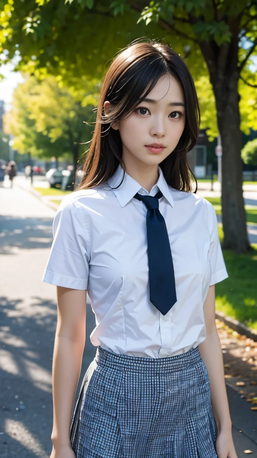 Lakeside park with sunlight shining through the trees, (school uniform, shirt, skirt), japanese girl, , skinny body, flat chest, extremely cute face, extremely ultra detailed face, extremely ultra real skin, extremely ultra detailed eyes, extremely ultra surrealism, (masterpiece, best quality:1.2), octane rendering, (8k, uhd, ultra high res), (super realistic details), extremely intricate detail, super real texture, professional lighting, (realistic), (RAW photo:1.2), (photorealistic:1.5)