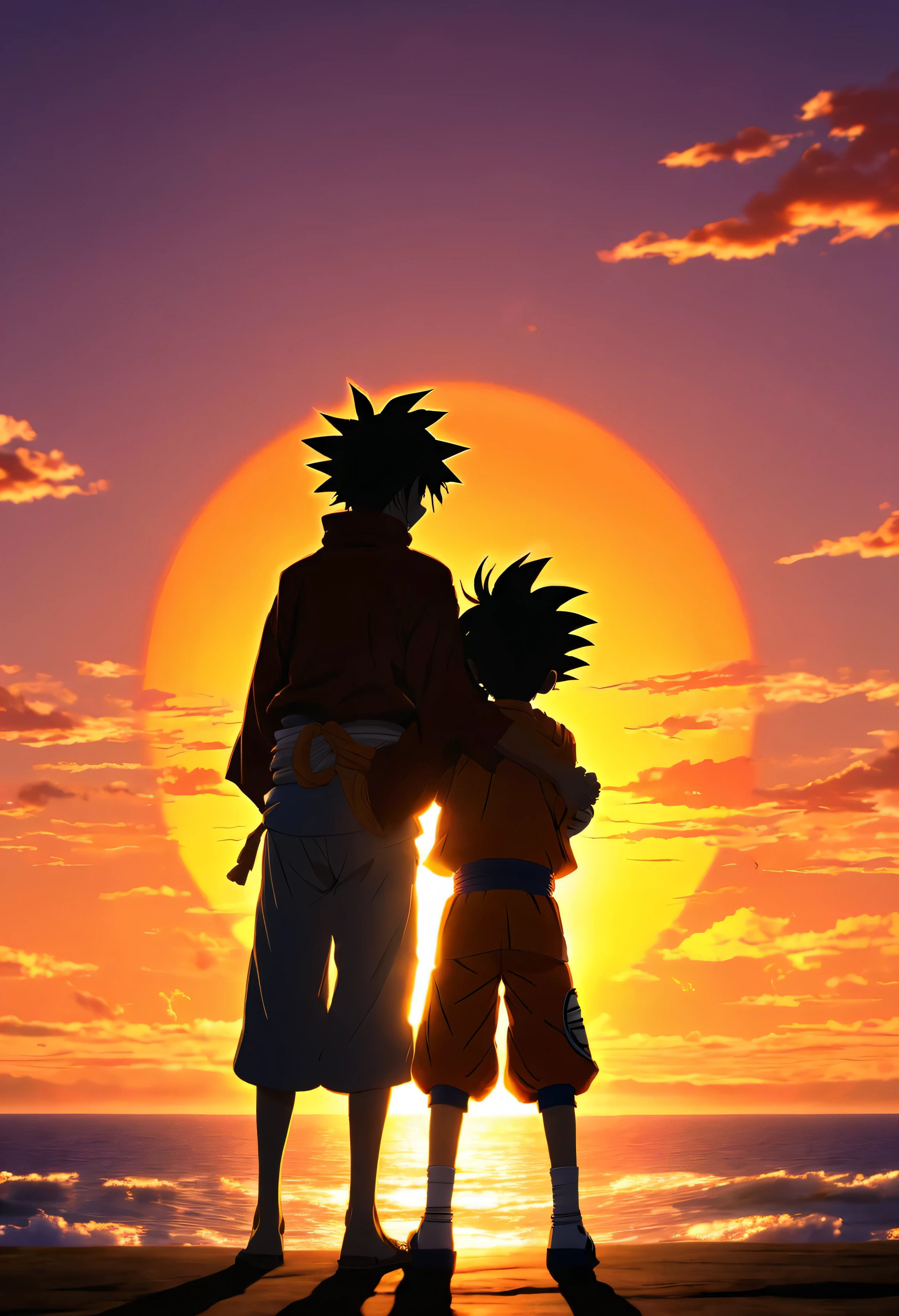 Luffy from OnePiece hugs Naruto and Son Goku from Dragonball - the view is from behind on a sunset, silhouette, anime style