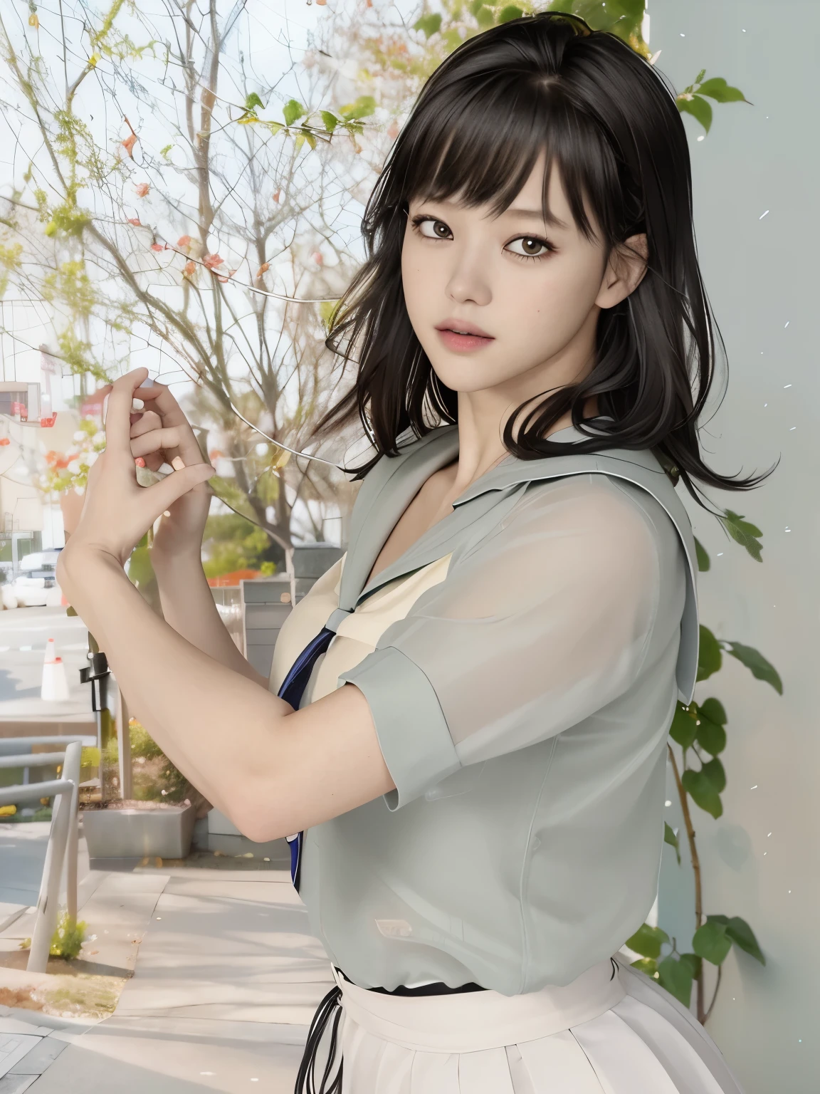 (8K, highest quality, masterpiece:1.2), (realistic, photo-realistic:1.37), Super detailed,highest quality, ultra high resolution, professional lighting, photon mapping, radio city, Physically based rendering, cinematic lighting, late night path,written boundary depth, sharp focus,sunbeam, good composition,(Bokeh:1.2) 1 girl,alone,(whole body), (closed mouth),fine and beautiful eyes, stop temporarily, tight waist,Japanese high school girl, black hair,messy hair,long hair fluttering in the wind,(Ulzzang-6500:1.2) mix 4, hiqcgbody