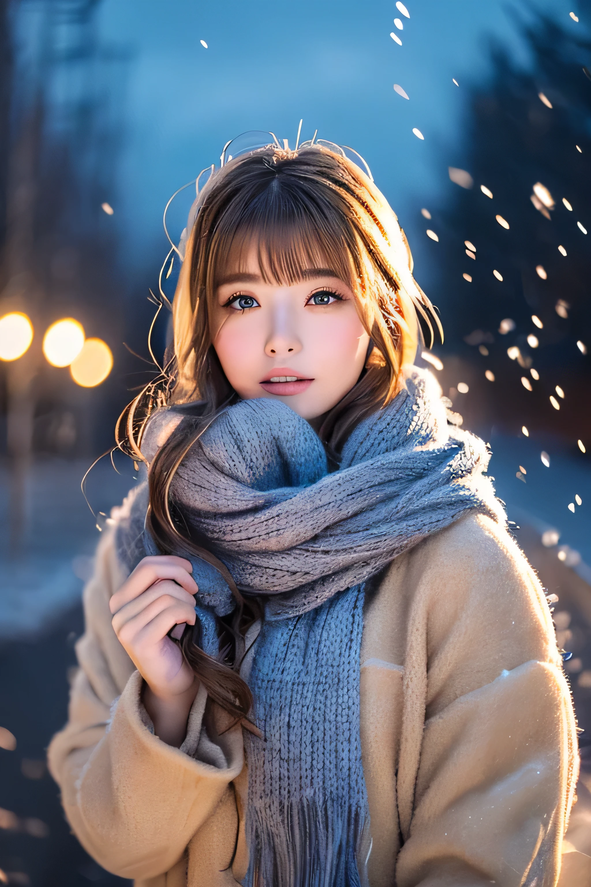 ((hair blowing in the wind、No makeup:1.2))、(realistic、Photoreal、super detailed、best detailed skins、highest quality、masterpiece、超A high resolution)、cute russian woman、14 years、high school girl、young girl、1 girl、have bangs、ash blonde:1.7、double eyelid、drooling eyes、Japanese style face、purity、realistic skin type、thick muffler、Gray muffler、fluffy hair、((There&#39;s hair in the scarf:1.3))、red cheeks、The wind is blowing、It&#39;s snowing、night、illumination、lighting from behind、hair blowing in the wind