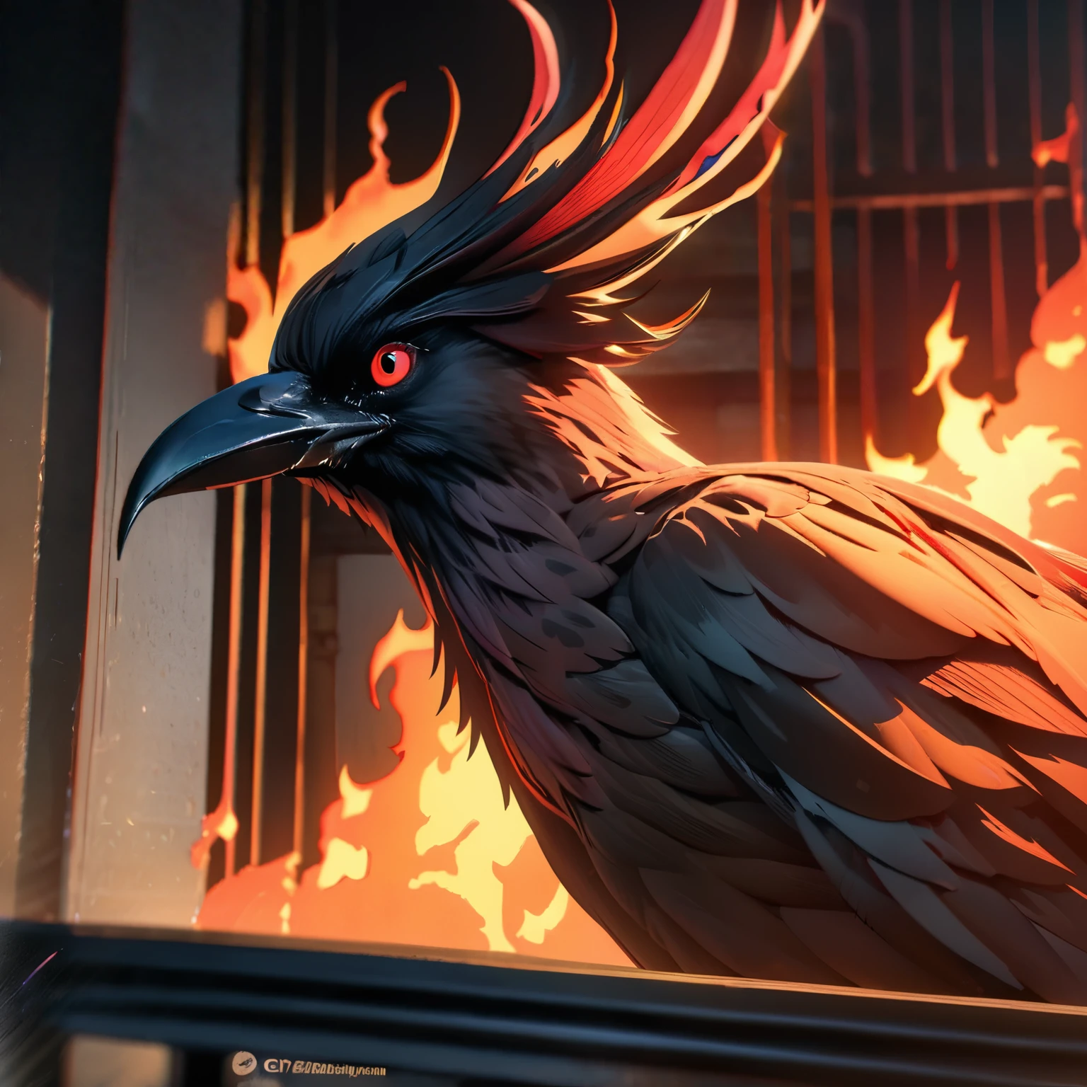 (highest quality,8K,High resolution, masterpiece:1.2), Super detailed, HDR, UHD, studio lighting, Ultra-fine painting, sharp focus, Physically based rendering, extreme details, Professional, Bright colors, concept artist, Warm color palette, dramatic lighting, Wall of Flame、(Crow-shaped flame),Burning Japanese mansion in the background、(anime style),
