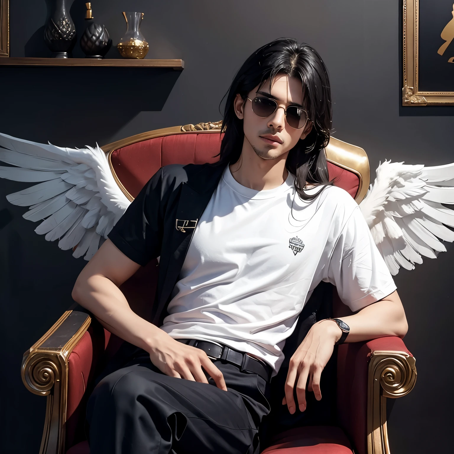 Black shirt sits casually on a wing back chair sunglasses he looks ahead the background features Sajanlal Kashyap in big and capital white fonts on the back wall there should not be his sandows and there are wings to make it appear as if he is an angle.