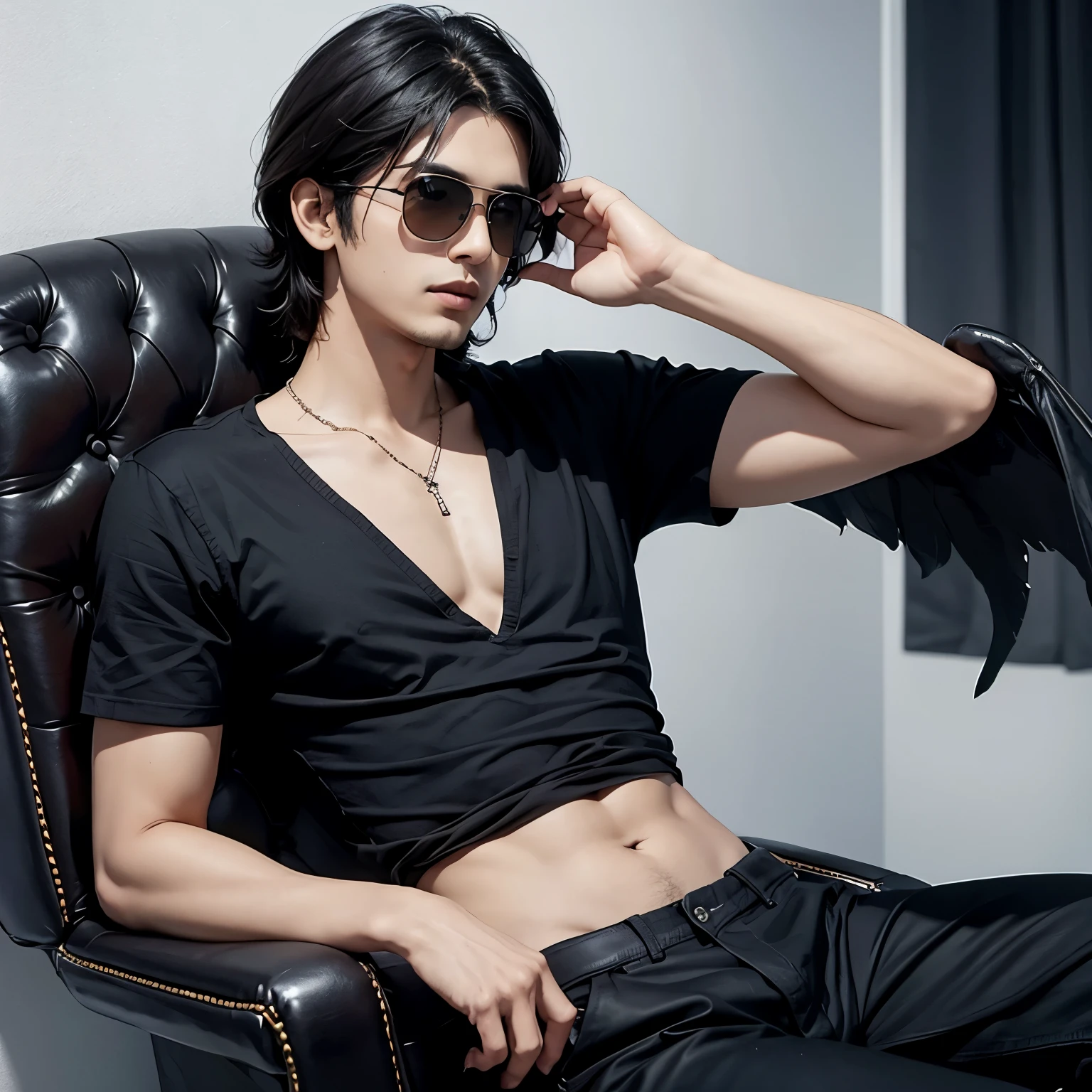 Black shirt sits casually on a wing back chair sunglasses he looks ahead the background features Sajanlal Kashyap in big and capital white fonts on the back wall there should not be his sandows and there are wings to make it appear as if he is an angle.