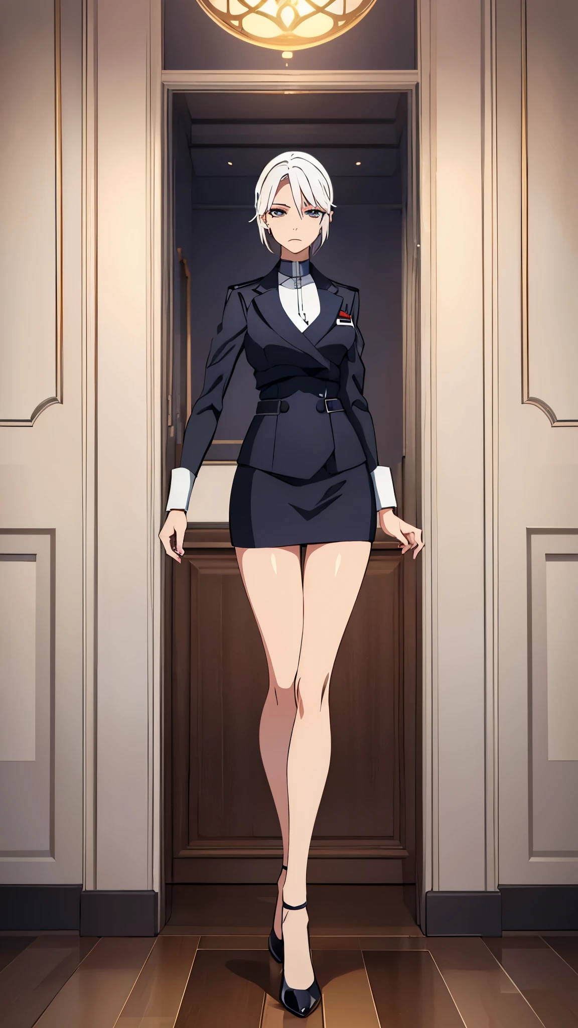 ((valorant jett)) ( its a girl with white hair from the game Valorant ) in office clothes. high quality, masterpiece aesthetics, beautiful fingers, beautiful eyes, Beautiful face, Beautiful legs, Correct body proportions
