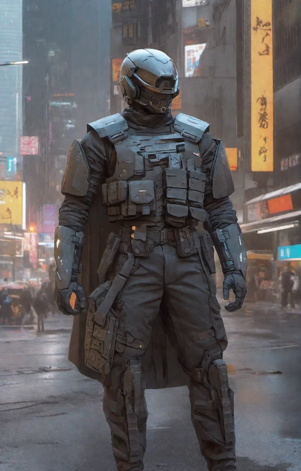 high-res, masterpiece, best quality, Helmet with a tactical armour, Visor, Shoulder pads, Utility belt, Cyberpunk, futuristic, sharpness, cyberpunk city, insta pic, photo of the year, Tactical vest with ammo pouches, A black cape behind him flowing in the wind,