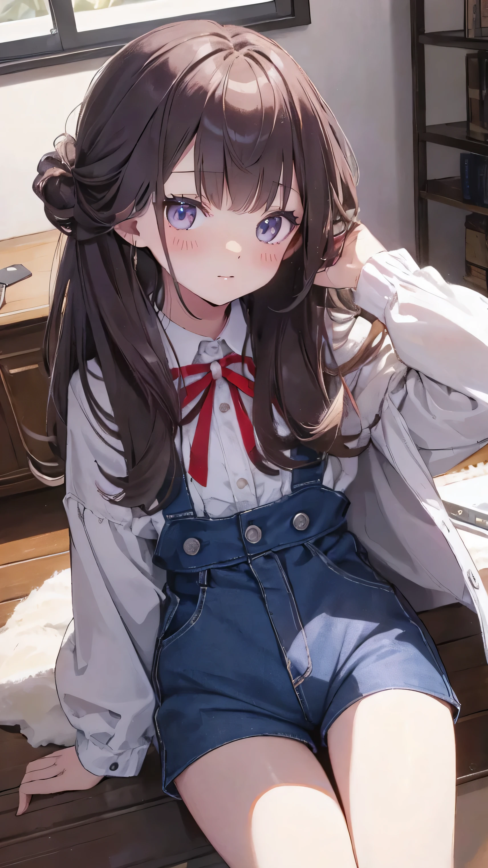 master piece、Highest image quality、highest quality、 ((panic))、glossy hair quality、small face、sitting、Super detailed and beautiful bright eyes、Super detailed clear and beautiful face、(cute illustration:1.2), High-resolution, ultra-detailed, best quality, embarrassed、(Gaps in shorts)、(cute underwear)