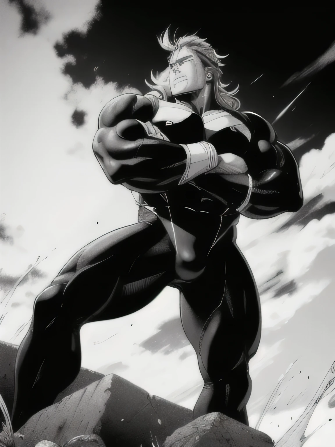 best quality, high resolution, manga, monochrome, handwritten style, allmight, hunk, black bodysuit, wet clothes, from below, arms folded, (nsfw:0.2),