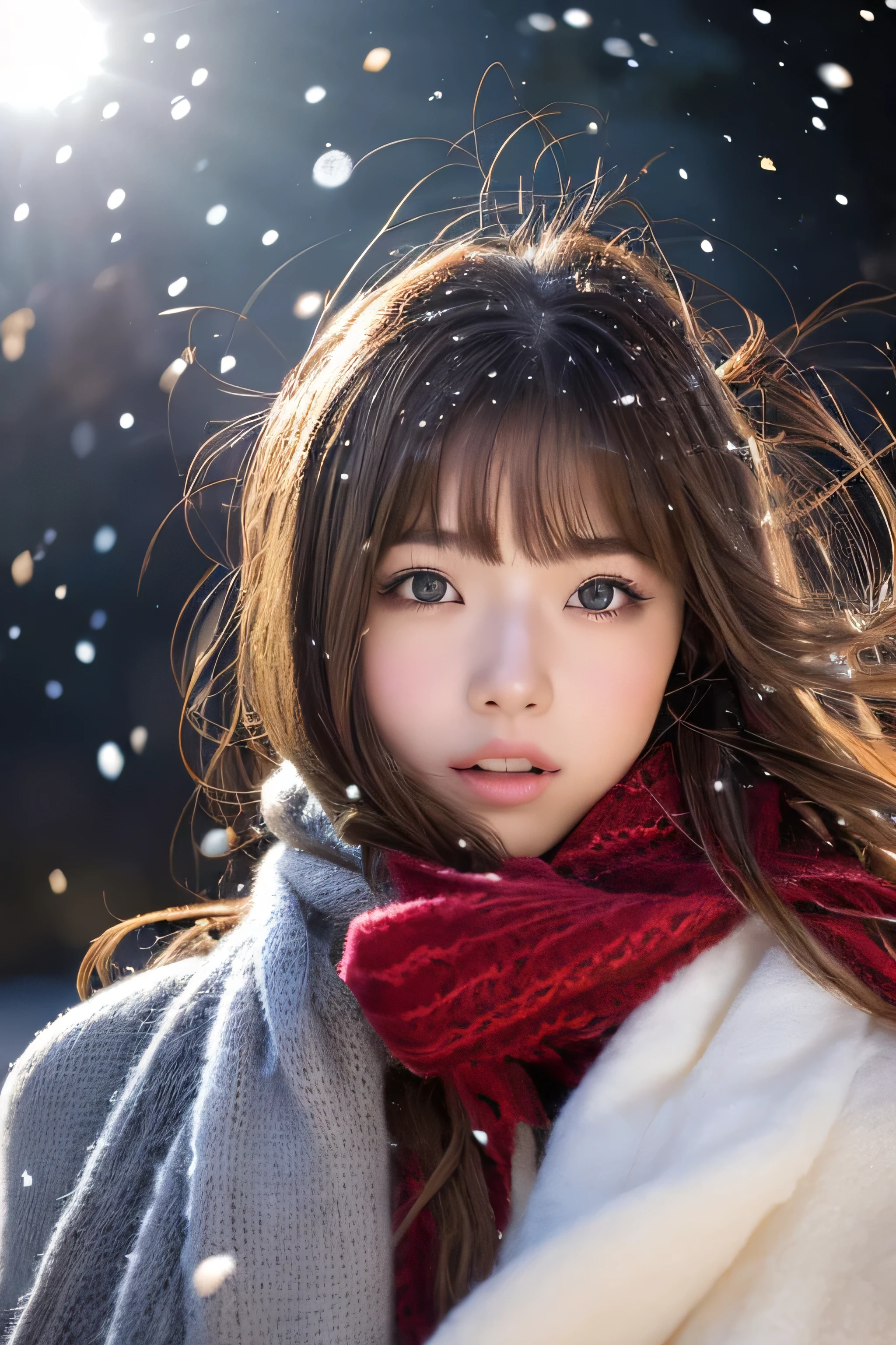 ((hair blowing in the wind、No makeup:1.2))、(realistic、Photoreal、super detailed、best detailed skins、highest quality、masterpiece、超A high resolution)、cute russian woman、14 years、high school girl、young girl、1 girl、have bangs、ash blonde:1.7、double eyelid、drooling eyes、Japanese style face、purity、realistic skin type、thick muffler、Gray muffler、fluffy hair、((There's hair in the scarf:1.3))、red cheeks、The wind is blowing、It's snowing、night、illumination、lighting from behind、hair blowing in the wind
