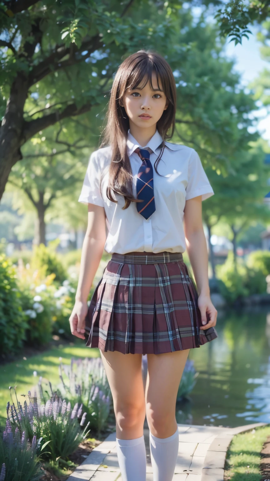 ((highest quality, 8K, masterpiece :1.3)), Photorealistic、Ultra-high resolution、Natural skin texture、Hyperrealism、Photograph from the knee up、 beautiful Japanese girl、White collared shirt and tie、Checkered mini skirt、Serious expression