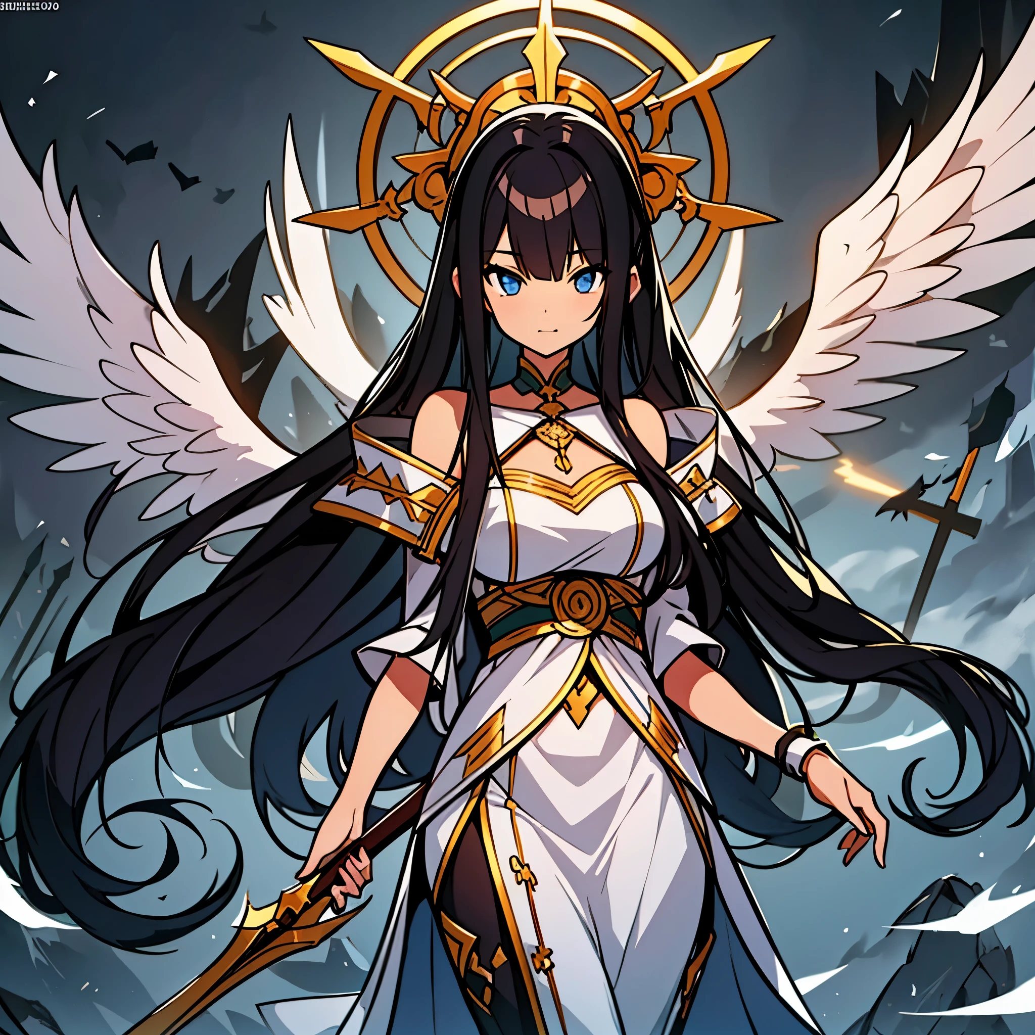 An angel girl，solo，black hair，There is a halo above the head，Wearing an ordinary white cloth cloak，A cross hangs from the chest，There are six pairs of open wings behind，Holding a golden spear，The surrounding environment is sky and white clouds，The bright sunshine illuminates the whole environment。Medium shot composition, Characters and scenes, game concept art style, Anime illustration style, anime style, Classicism, anime, Conceptual art, tachi-e, close-up, 4K, masterpiece, UHD, high details, high quality, anatomically correct