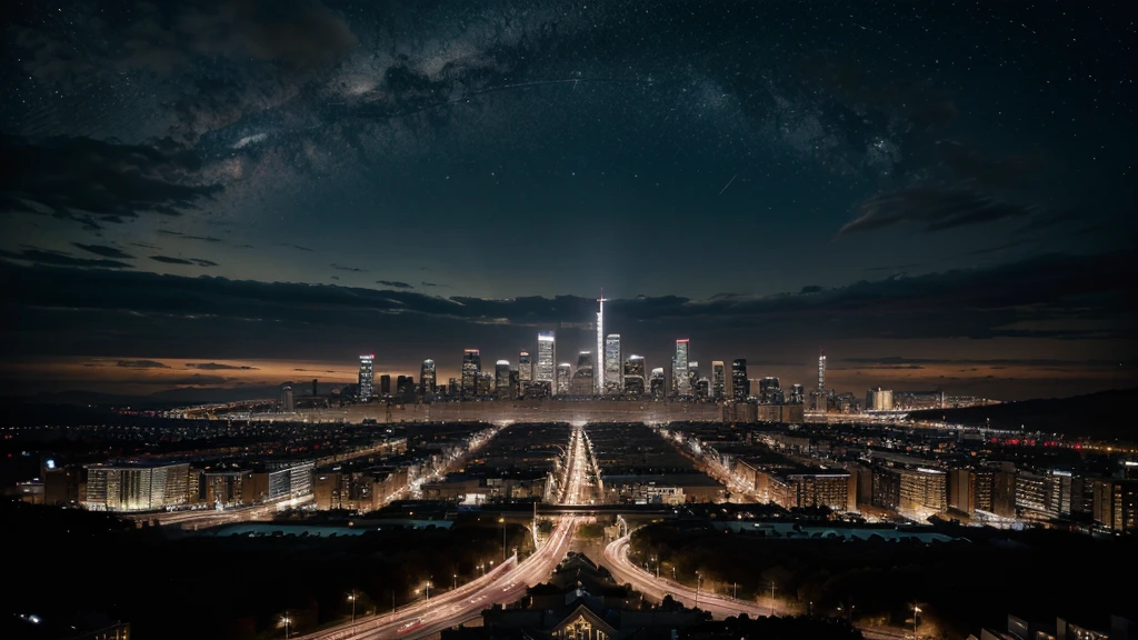 Superb Quality, Masterpiece, High Resolution, A city skyline at dusk with a silhouette of a grand piano against the backdrop of swirling constellations