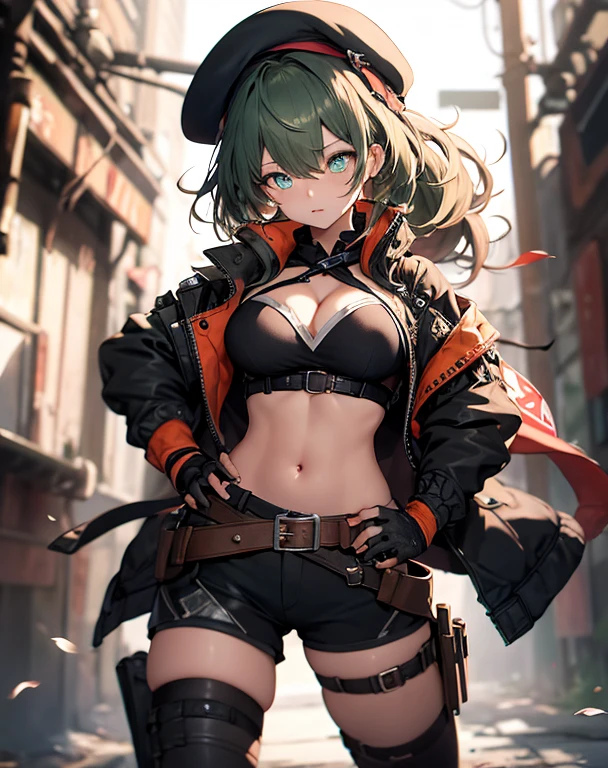 ubel,dark green hair,long hair,side ponytail,hair between eyes,bangs, BREAK (beret, black jacket, open clothes, cleavage, midriff, black shorts, black thighhighs, thigh strap, fingerless gloves, single glove:1.2) BREAK blurry background, BREAK pose, hand on hip, BREAK (masterpiece:1.2), best quality, high resolution, unity 8k wallpaper, (illustration:0.8), (beautiful detailed eyes:1.6), extremely detailed face, perfect lighting, extremely detailed CG, (perfect hands, perfect anatomy),