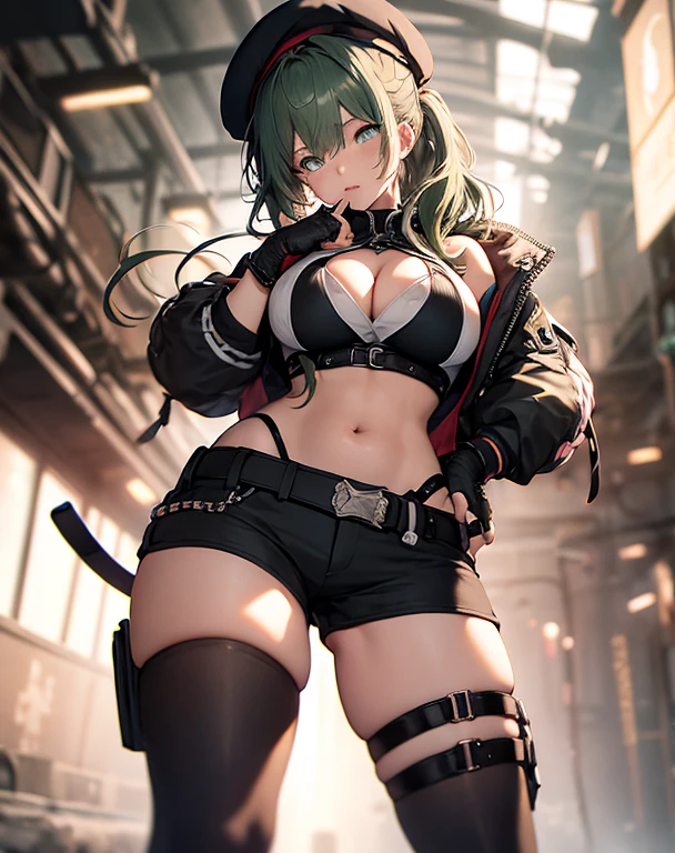 ubel,dark green hair,long hair,side ponytail,hair between eyes,bangs, BREAK (beret, black jacket, open clothes, cleavage, midriff, black shorts, black thighhighs, thigh strap, fingerless gloves, single glove:1.2) BREAK blurry background, BREAK pose, hand on hip, BREAK (masterpiece:1.2), best quality, high resolution, unity 8k wallpaper, (illustration:0.8), (beautiful detailed eyes:1.6), extremely detailed face, perfect lighting, extremely detailed CG, (perfect hands, perfect anatomy),