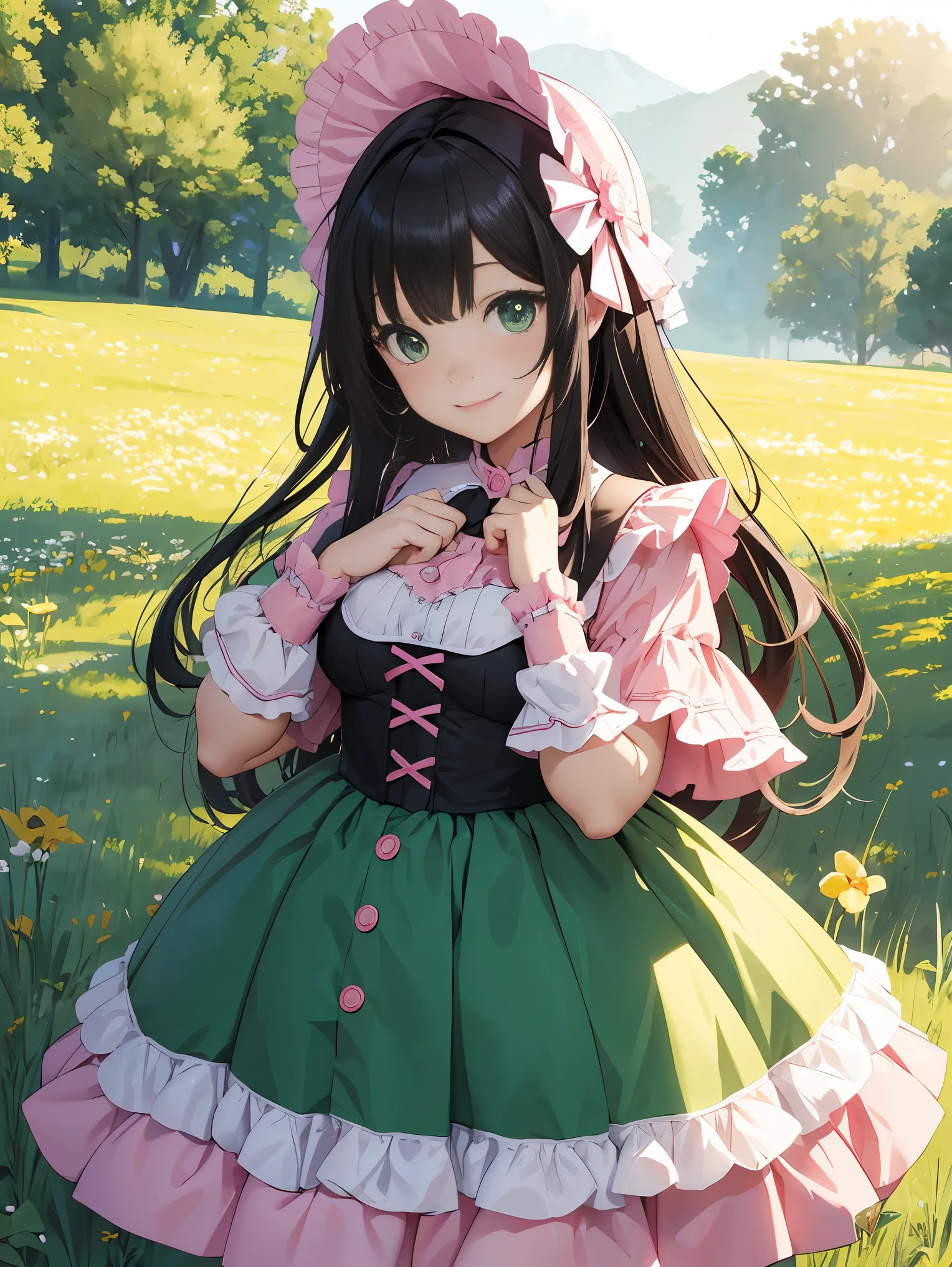 top-quality、​8K Masterpiece、Draw the face in detail、1 ish girl、pink Lolita costume、Full body、kawaii pose、professional lighting、Happy expression、Shiny black hair、perfect anatomy、In a green meadow