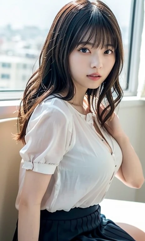 masterpiece、highest quality、16K、High resolution、UHD,Depth of the bounds written、very detailed、soft light、professional lighting、Pale shading、Weak contrast、Japanese、beautiful girl、Glamorous woman、daytime office、Window seat、sitting in front of the computer、A loose pastel colored see-through blouse、No sleeve、navy pleated skirt、micro mooth and beautiful thighs:1.6)、(big breasts:1.3)、deep cleavage、fine and beautiful eyes、(hanging eyes)、(thin eyebrows)、(thin lips)、gentle smile、(long wavy hair、high ponytail),(The bangs are see-through bangs)、