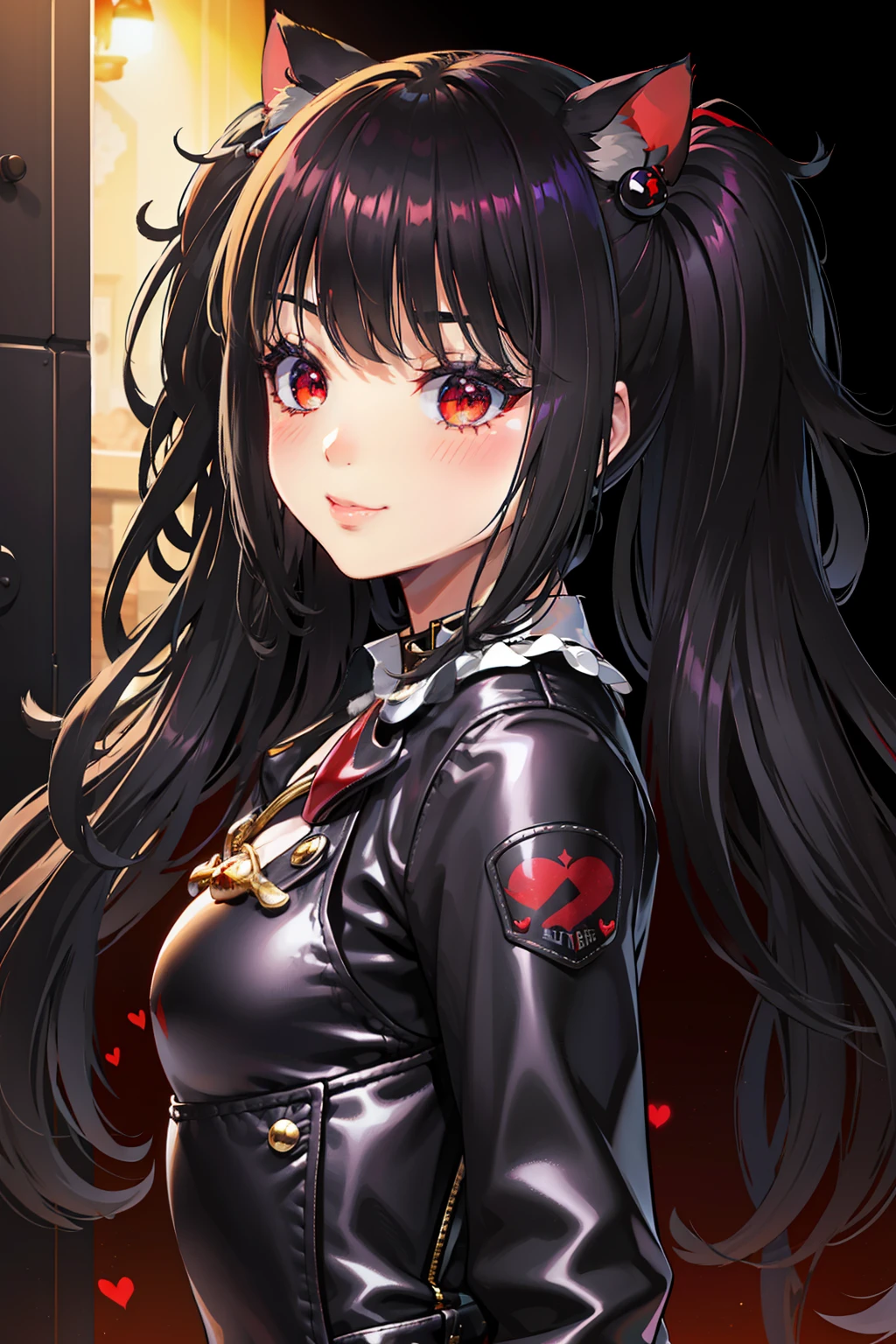 ,((long hair slightly wavy slightly past the shoulders, black bangs, small black pigtails on the sides, cute cat ears, beautiful thin red eyes,)),rubor, escote,aura brillante, luz natural, obra maestra,  piel brillante, labios jugosos , ,sexy, caliente, , escote, demonio,labios jugosos, bimbo, reloj de arena, By the chestnut, ojos rojos,  ojos muy abiertos, ojos rojos, orejas de gato, masivo , pelo largo, cadenas, sombra en los ojos, bright rubor, heart in the eyes, ,((amplia sonrisa)),,  lavar el cerebro,, de pie, latex, amber lighting