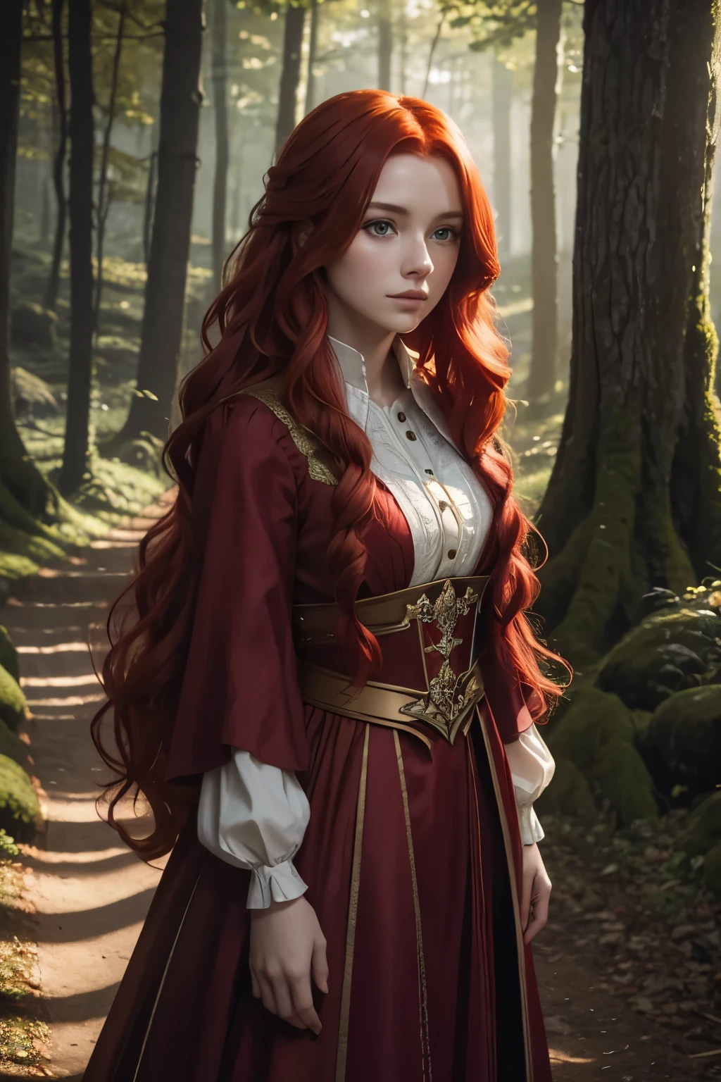 Portrait of a red-haired girl,beautiful face, standing on a path in a magical forest, hair developing, wavy, wearing a royal dress. 8 k.