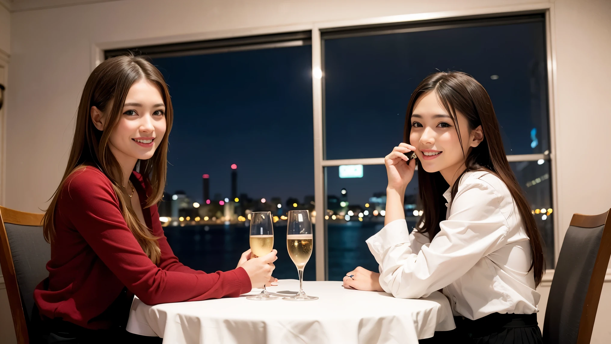 K, UHD, highest quality, masterpiece: 1.2), (realistic, photorealistic: 1.37), Super detailed, slimな美女3名, (slimフェイス),Happy、 最高なsmile、Fox face、Berry Short、(because I'thin), (brown hair), (shortcut), long sleeve shirt、winter fashion、Colombian、Brazilian、Japanese、Dutch、German、Portuguese、Belgian、Italian、French,Champagne、sparkling wine、 (gush out), (slimボティ), (brown hair), (shortcut), neat beauty、cheeks turn a little red, (35 years old), 38 years old, alone, A beautiful and detailed night view spreads out outside the window...., restaurant, wine glassが座っている, At night, in a prominent place (from the Upper body) nova frog style, actress, model, Upper body, White wine, slim, wine glass, Very beautiful night view, wine glass Put in the Middle, Happy smile, (smile: 1.15),