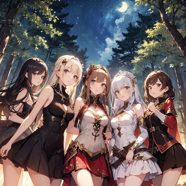A group of young princesses, (in forest), various hair styles, harem, wearing royal dress, metal armor, night, details face, , short skirt, seducing, sleeveless , showing armpits, night, starry night