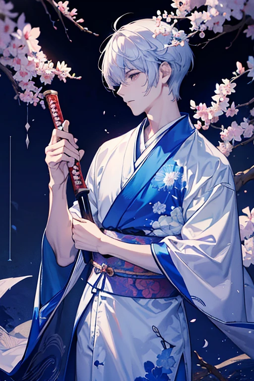 Homen, swordsmen of the mist, com kimono branco, com uma katana, embaixo de uma arvore de sakura, com a luz da lua ao fundo