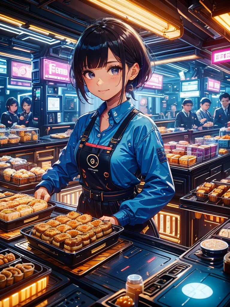 A girl selling breakfast, future, fast food stall, 製作Sandwiches, LED light, Colored LEDs, Sandwiches, drinks, Menus,  Breakfast 5 euros, cute girl, ((extremely detailed face)),