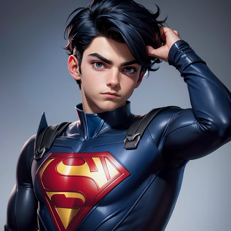 A little boy dressed as a superhero dons a blue and red suit, featuring an "R" symbol proudly written on his expansive, black chest. His hair is a striking shade of lubblack, styled short to reveal a slightly widened nose and captivating, round, jet-black eyes.