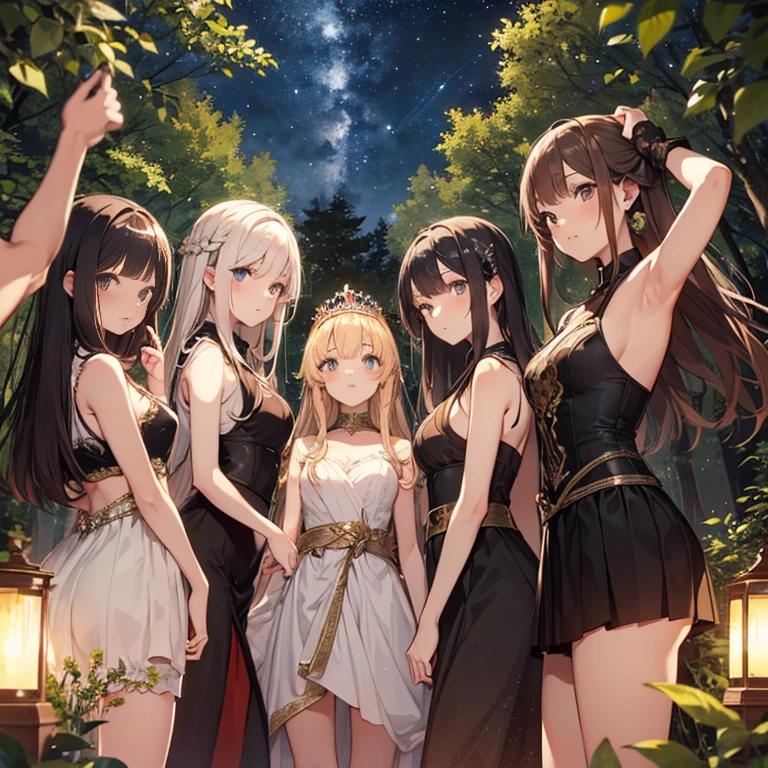 A group of young princesses, (in forest), various hair styles, harem, wearing royal dress, night, details face, , short skirt, seducing, sleeveless , showing armpits, night, starry night