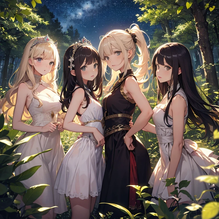 A group of young princesses, (in forest), various hair styles, harem, wearing royal dress, night, details face, , short skirt, seducing, sleeveless , showing armpits, night, starry night