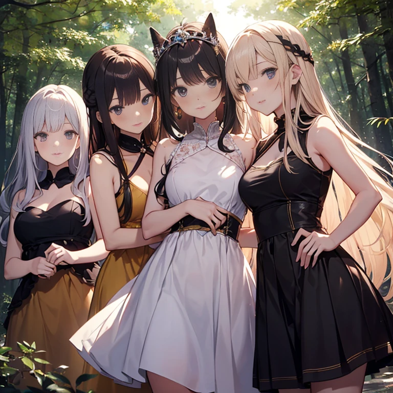 A group of witches, (in forest), various hair styles, harem, wearing witch dress, night, details face, , short skirt, seducing, magic wand, showing armpits, sleeveless
