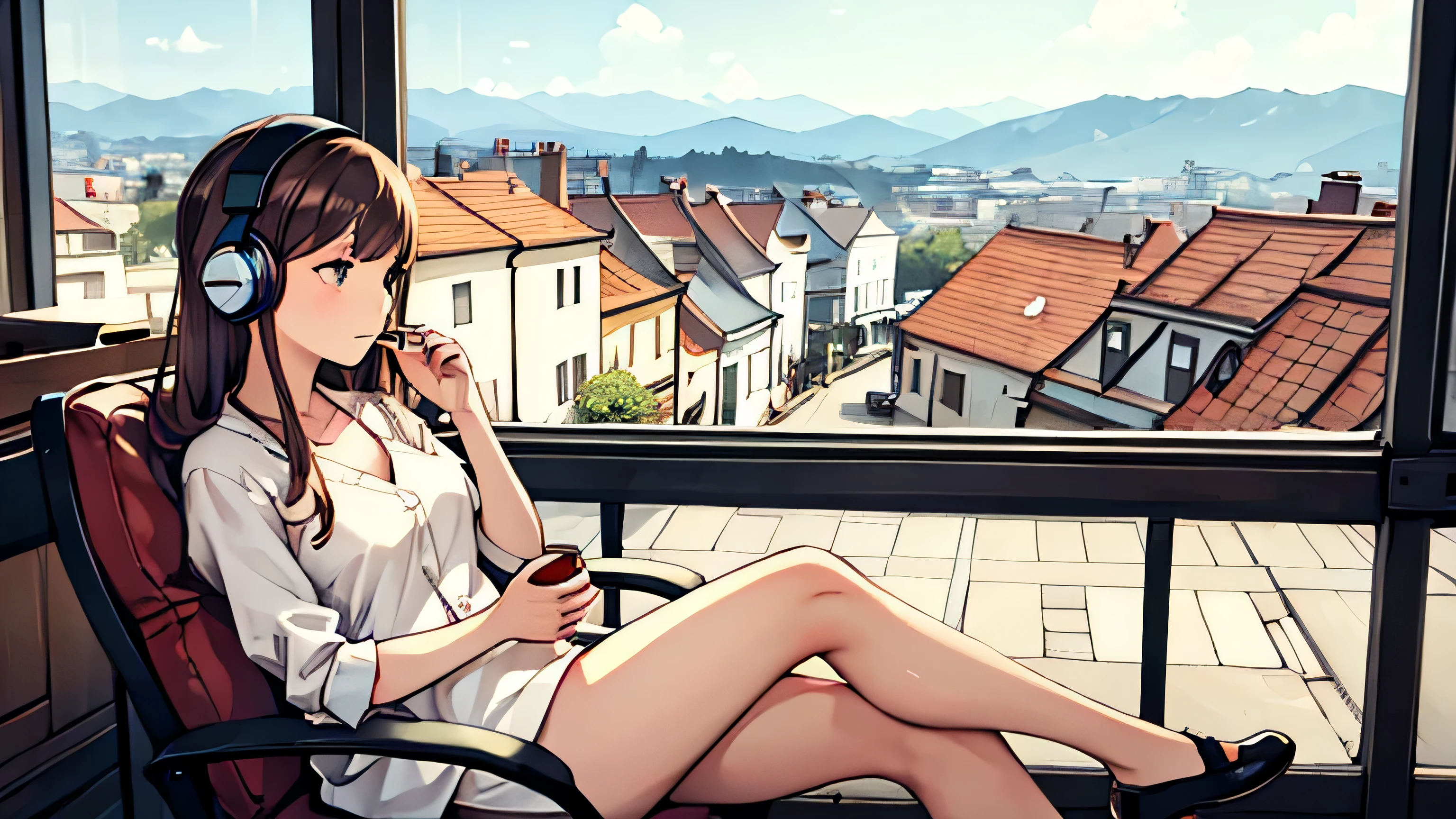 A beautiful girl wearing headphones drinking coffee in a relaxing cafe and looking at the view outside
