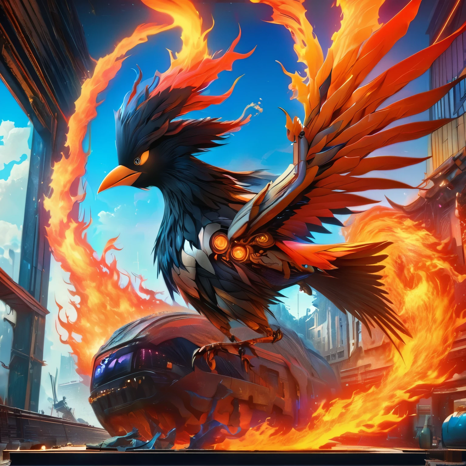 (highest quality,8K,High resolution, masterpiece:1.2), Super detailed, HDR, UHD, studio lighting, Ultra-fine painting, sharp focus, Physically based rendering, extreme details, Professional, Bright colors, concept artist, Warm color palette, dramatic lighting, Wall of Flame、(Flying crow shaped flame),Vivid blue sky、(anime style),