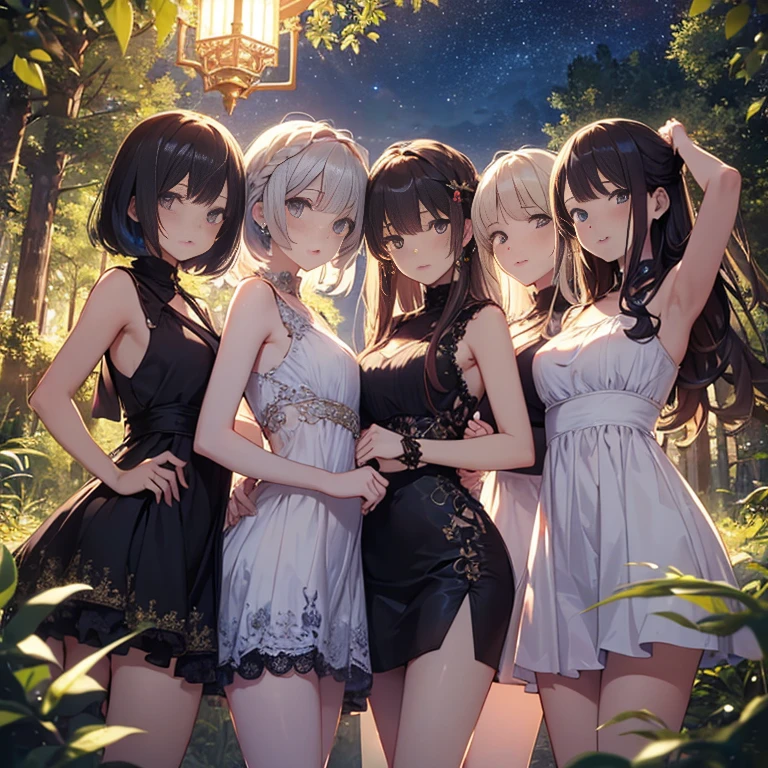 Very detailed, highest quality, High resolution, Moe Anime, (((4 cute girls))), (Black Hair:1.4), Blue Eyes, Sparkle in the eyes, Big eyes, tareme, View your viewers, Pale skin, Focus on the face, In the park with cherry blossoms falling, ((The upper half of the body is a see-through lace negligee, and the lower half is naked.)), ((nsfw)), ((Very short hairstyle:1.5)), (Slightly below:1.2), (arms behind back:1.6), ((Flat Chest:1.4))