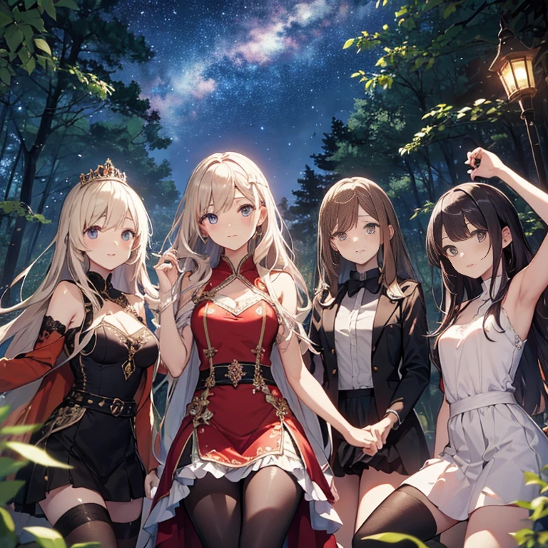 A group of young princesses, (in forest), various hair styles, harem, wearing royal dress, night, details face, , short skirt, seducing, sleeveless , showing armpits, night, starry night