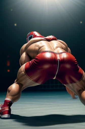 Solo, 1boy, men only, sexy, sensual, Shimapan, mega muscle, hyper muscle, masculine appearance, young male, handsome, Beautiful muscles, complex and elegant, highly detailed digital painting, anime style art, art station, concept art, top quality, masterpiece, ultra high definition, detailed background, realistic figure, muscular man, muscle, volumetric lighting, depth of field, smooth and sharp focus, illustration, art, string bite, muscles, navel, muscles, male, gay, hyper muscles, male focus, muscles male, yaoi, muscles, buttocks, pectoral muscles, large pectoral muscles, thick quadriceps, thighs, wet body, heat and steam emanating from the body, sweating, drenched, crotch, big back, showing back, showing ass, upper class, kit conner , shiny oiled skin, Glittering oiled skin, tanned skin, cute pose, submission pose, pretty, lovely, submission, intoxication, ecstasy, favorable, mellow, captive, mesmerizing expression,big , low angle, drooping eyes, looking viewer, sexy pose, super angle, dynamic pose and angle, pose:on all fours, (tight shorts with zipper:1.3):1.6 red trainers, (lucha Libre):2, (wrestling mask):1.6 , (face hood):1.6